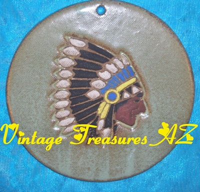 Image for N C Mead Native American Indian Chieftain Feathered Headdress Southwestern Artist-signed Decorative Round Wall Tile/Plaque Vintage 1970s-1990s <b><span style='color:red'>USPS PRIORITY MAIL SHIPPING INCLUDED – DOMESTIC ORDERS ONLY!</span></b><span style='color:purple'>